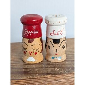 Vintage Wooden Salt & Pepper Shakers Japan Hand Painted Figural Faces Red White